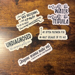 May include: Five white vinyl stickers with black text. The stickers feature humorous phrases including "I don't make bad decisions, I just create a lot of great learning opportunities," "Might be water, might be tequila," "UNDIAGNOSED but everyone's pretty sure," "I am often mistaken for an adult because of my age," and "Anyone wanna make out, a check to me for a few thousand?"