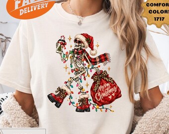 Merry Christmas Skeleton Comfort Colors Shirt, Leopard Bow Santa Skeleton Tee, Retro Holiday T-Shirt