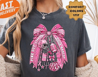 Comfort Colors Custom Pink Out Football Shirt, Personalized Mascot Bow Tee, Breast Cancer Awareness