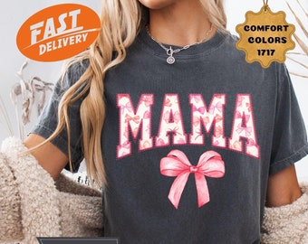 Koszulka Comfort Colors Pink Bow Mama, modna koszulka na Dzień Matki
