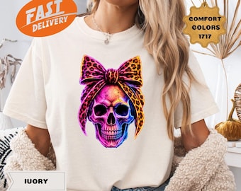 Comfort Colors Gothic Halloween Skull Shirt, Leopard Coquette Bow Graphic, Spooky Season Wear