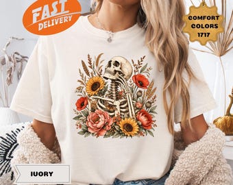 Comfort Colors Floral Skeleton Shirt, Botanical Skull Tee, Gothic Autumn Graphic
