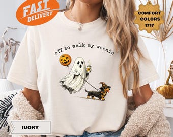 Comfort Colors® Halloween Dachshund Tee, Off to Walk My Weenie Shirt, Spooky Ghost Dog