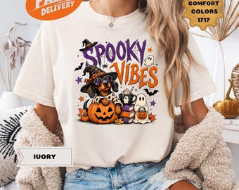 Comfort Colors Spooky Vibes Tee, Halloween Dachshund Shirt, Halloween Dog Ghost Wear