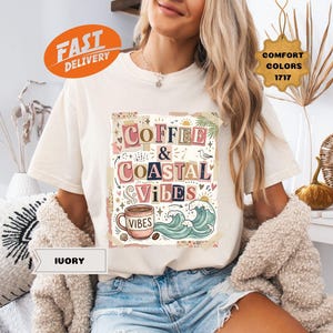 Comfort Colors Coffee and Coastal Vibes Shirt, Boho Summer T-shirt, Ocean Wave Graphic Tee image 1