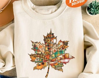 Retro Patchwork Höstlövtröja: Mysig läskig säsongsoutfit, hösttröja, Thanksgiving-tröja