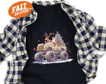 Camiseta navideña de Santa Monster Truck, camiseta navideña para niños, camiseta juvenil de camión navideño
