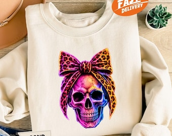 Gothic Halloween Skull Sweatshirt, Leopard Coquette Bow Graphic, Goth Skullcore Hoodie
