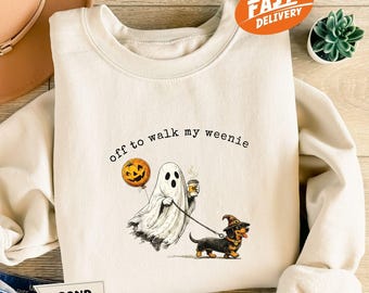 Halloween Dachshund Sweatshirt, Off to Walk My Weenie Hoodie, Vintage Spooky Season Top
