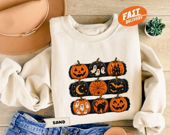 Brushstroke Halloween Pumpkin Sweatshirt, Vintage Spooky Ghost Hoodie, Retro Fall Pullover
