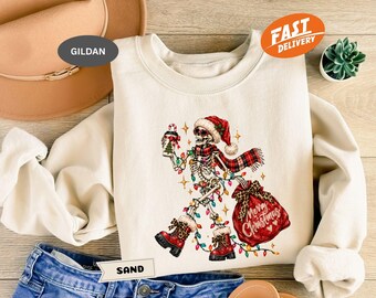 Funny Christmas Skeleton Sweatshirt, Leopard Bow Santa Skeleton Hoodie, Retro Holiday Crewneck
