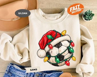 Christmas Soccer Sweatshirt, Xmas Sports Ball Hoodie, Funny Santa Hat Crewneck