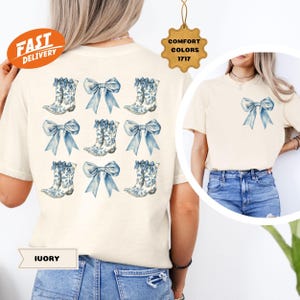 Chemise bottes de cow-girl confort couleurs noeud chemise toile de Jouy tendance tee coquette esthétique jolie fille cadeau noeud bleu tshirt