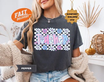 Floral Checkered Teacher Shirt: Preppy Comfort Colors Tee