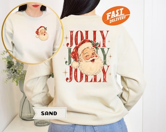 Vintage Jolly Santa Sweatshirt, Retro Christmas Hoodie, Distressed Xmas Crewneck, Preppy Holiday Top