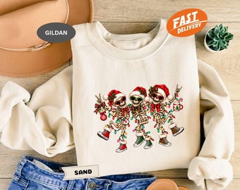 Christmas Skeletons Sweatshirt, Dancing Santa Skeleton Hoodie, Holiday Festive Lights Crewneck