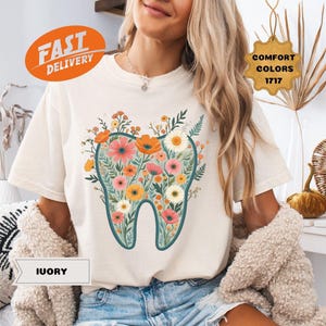 Comfort Colors® Floral Tooth Shirt, Retro Dentist Shirt, Dental Student Gift, Dental Hygienist, Dental Assistant Shirt, Dentist Grad Gift