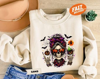 Halloween Skeleton Woman Sweatshirt, Messy Bun Skull Hoodie, Gothic Witchy Outfit