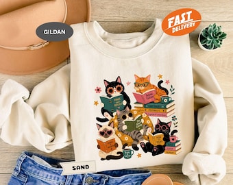 Bookworm Cat Sweatshirt, Reading Cats Hoodie, Funny Book Lover Crewneck, Trendy Animal Pullover