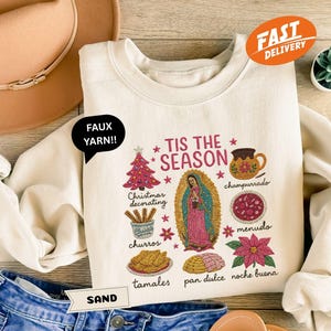 Sudadera navideña mexicana de hilo sintético "Tis The Season", suéter navideño español, regalo de la Virgen de Guadalupe (sin bordado)