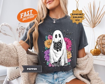 Comfort Colors Ghost Cat Halloween Shirt: Floral Spooky Season Tee