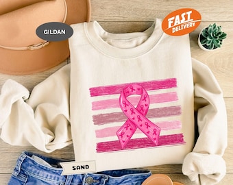 Stripes Pink Ribbon Sweatshirt, Breast Cancer Awareness Hoodie, Cancer Support Crewneck