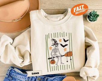 Striped Halloween Skeleton Sweatshirt, Retro Witch Broom Hoodie, Spooky Gothic Graphic