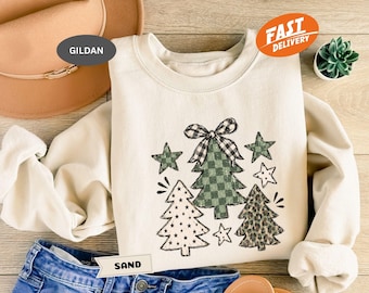 Camo Christmas Tree Sweatshirt, Plaid Holiday Hoodie, Preppy Girly Xmas Crewneck, Leopard Christmas Pullover