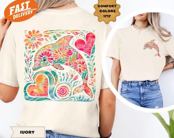 Comfort Colors Dolphin Shirt: Floral Ocean Beach Tee