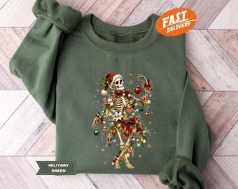 Christmas Skeleton Sweatshirt, Gothic Xmas Hoodie, Vintage Festive Tree Apparel