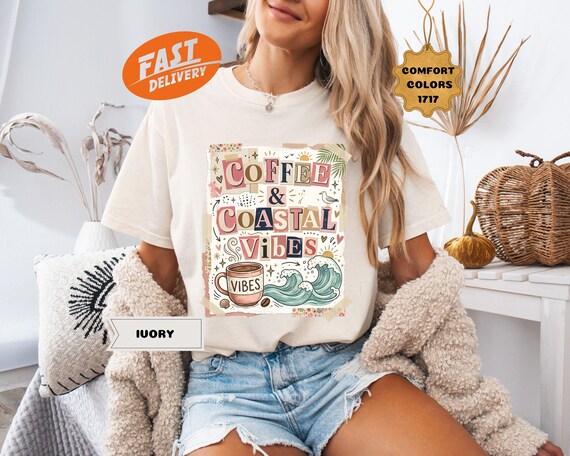Comfort Colors Coffee and Coastal Vibes Shirt, Boho Summer T-shirt, Ocean Wave Graphic Tee