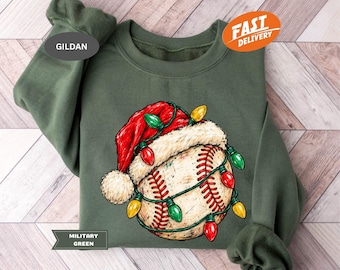 Christmas Baseball Sweatshirt, Xmas Sports Ball Hoodie, Funny Santa Hat Apparel