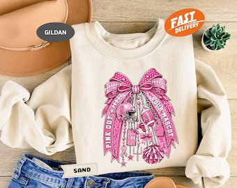 Custom Pink Out Football Sweatshirt, Personalized Mascot Bow Hoodie, Breast Cancer Awareness Crewneck