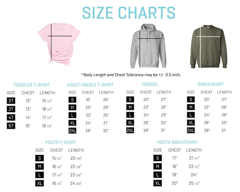 K&ouml;nnte beinhalten: Gr&ouml;&szlig;entabellen f&uuml;r T-Shirts, Hoodies und Sweatshirts f&uuml;r Kleinkinder, Erwachsene (Unisex) und Jugendliche. Ma&szlig;e in Zoll f&uuml;r Brust und L&auml;nge, Gr&ouml;&szlig;en von 2T bis 2XL. Enth&auml;lt ein rosa T-Shirt, einen grauen Hoodie und ein olivgr&uuml;nes Sweatshirt.