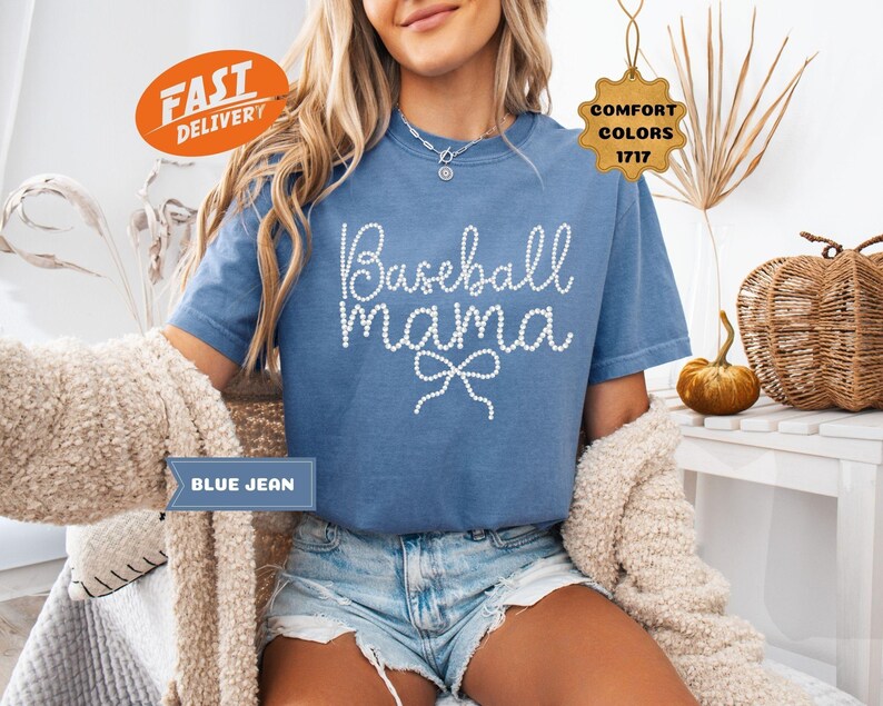 Comfort Colors Baseball Mama Faux Pearl Shirt, Baseball Bow T-shirt, Sports Mom Tee, Gameday image 1