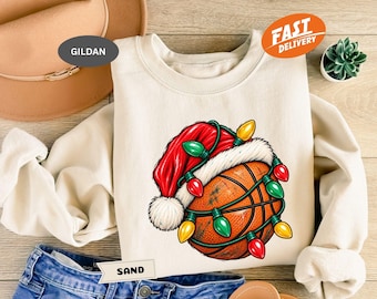 Christmas Basketball Sweatshirt, Xmas Sports Ball Hoodie, Santa Hat Apparel, Basketball Mom Gift