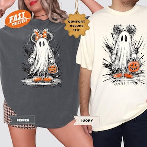 Comfort Colors® Retro Mickey Minnie Halloween Couple Shirts, Mickey Ghost Shirt, Minnie Ghost Shirt, Spooky Season Shirt, Disney Halloween