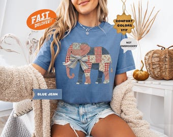 Comfort Colors フェイクパッチワーク象柄シャツ、レトロコケットTシャツ、動物好きへのギフト、刺繍ではありません