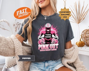 Comfort Colors Pink Out Football T-Shirt: Personalized Breast Cancer Awareness Tee