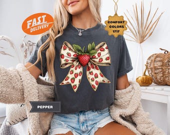 Comfort Colors Strawberry Bow-shirt, Coquette-T-shirt, Aardbeien-T-shirt