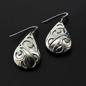 Teardrop Sterling Raven Dangles Northwest Coast Native Trickster Earrings