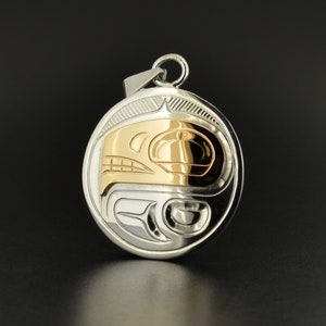 Northwest Coast Native Silver and 14k Gold Orca Pendant