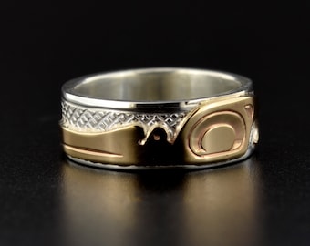 Northwest Native Combination Ring 14k Gold on Sterling Silver Band Unisex