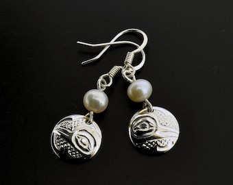 Sterling Pearl Hummingbird Earrings Northwest Native American Jewelry