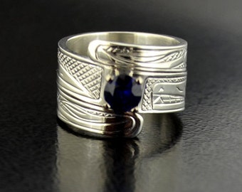 Custom Sapphire Engagement Wrap Ring with Raven and Wolf Design Northwest Coast First Nations Band