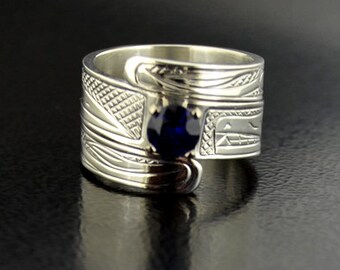 Custom Sapphire Engagement Wrap Ring with Raven and Wolf Design Northwest Coast First Nations Band