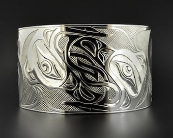 Celtic Ravens Northwest Coast Native American Cuff Bracelet 1 1/2" Wide Hand Engraved