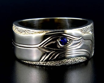 Mens Native Seahawks Silver Ring with Blue Iolite Stone Hand Engraved 12th Man