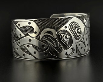 Unisex Octopus Cuff Bracelet Hand-Engraved Sterling Silver Antiqued Northwest Native Jewelry