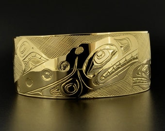 Mother and Child Orcas 14k Solid Gold Northwest Native American Cuff Bracelet